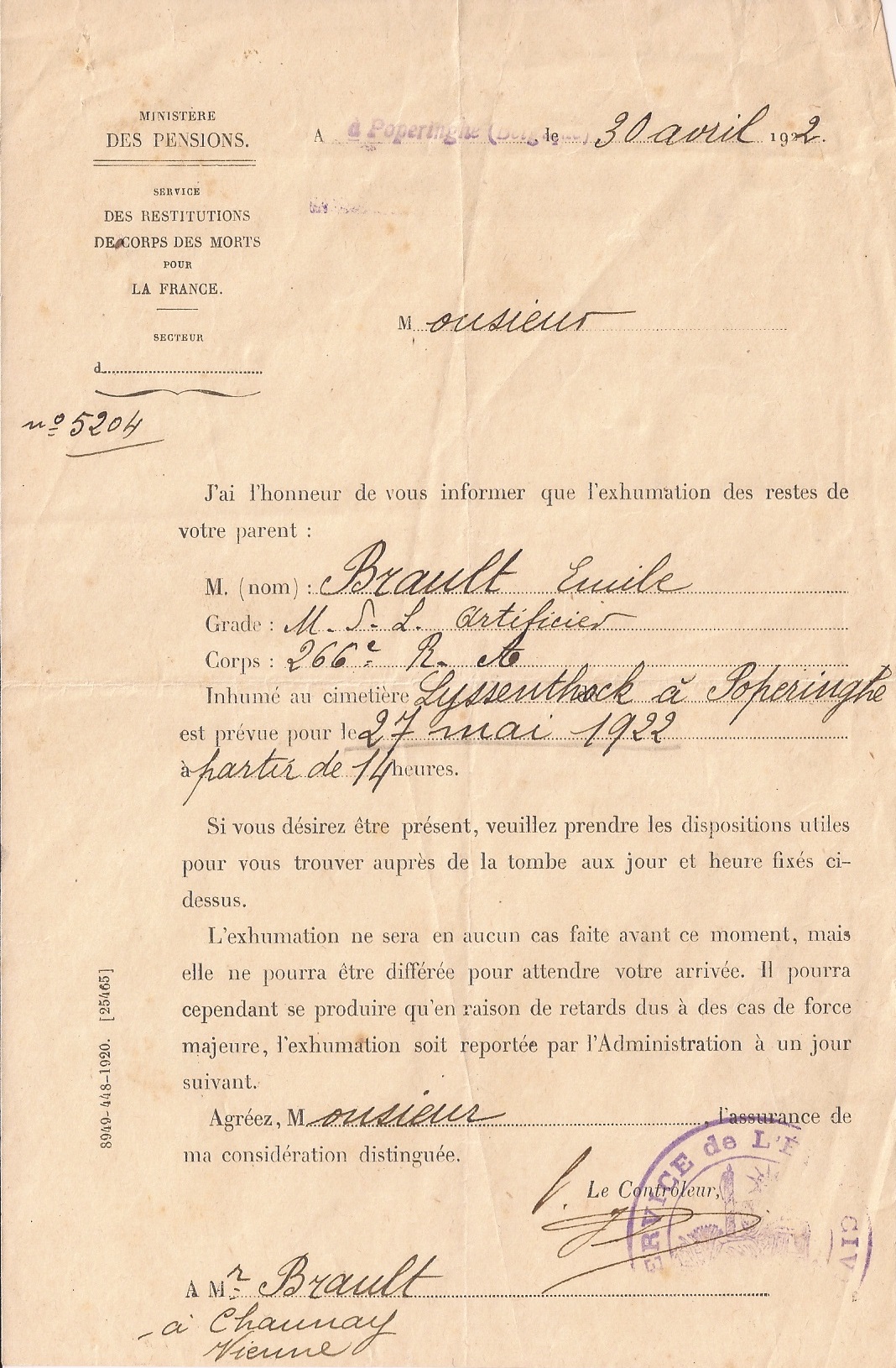 courrier pour exhumation 30 avril 1922